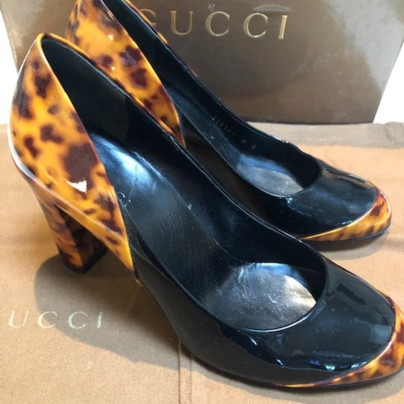Gucci Vernice Tartaruga Vit Vernice Naturale/Nero Size 8 213167 DOR50 2068 - Picture 1 of 3